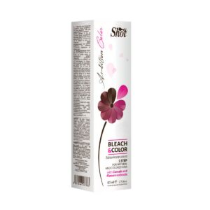 Box for Shot Bleach & Color hair lightener with pink flower graphic on white, 1 STEP kit, 80 ml; ingredients panel visible on the side