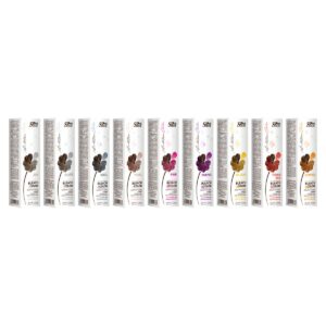 Row of hair dye boxes from a brand lineup, each showing different color names (Ash, Silver, Steel, Pearl, Pink, Purple, Yellow, Red, Copper) in a long row.